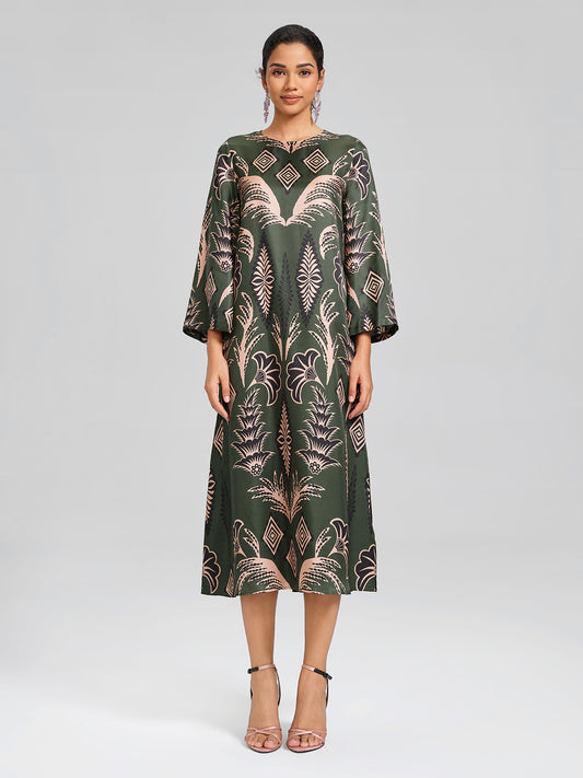 100% Silk Printed Flared-Cuff Maxi Dress