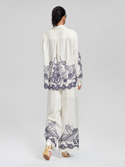 Linen Embroidered Sail Pattern Lapel Shirt