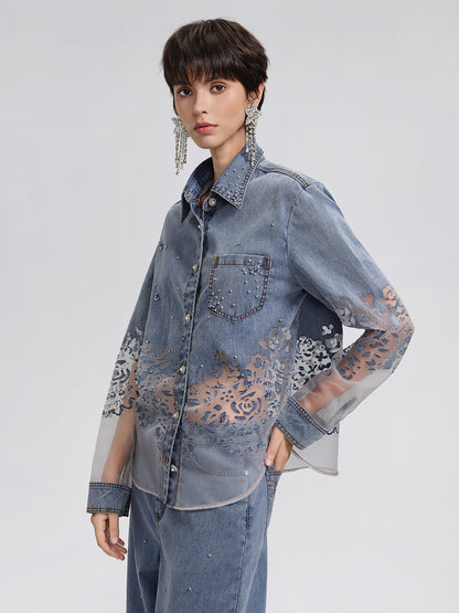 Denim Burnout Mesh Panel Rhinestone Loose Shirt