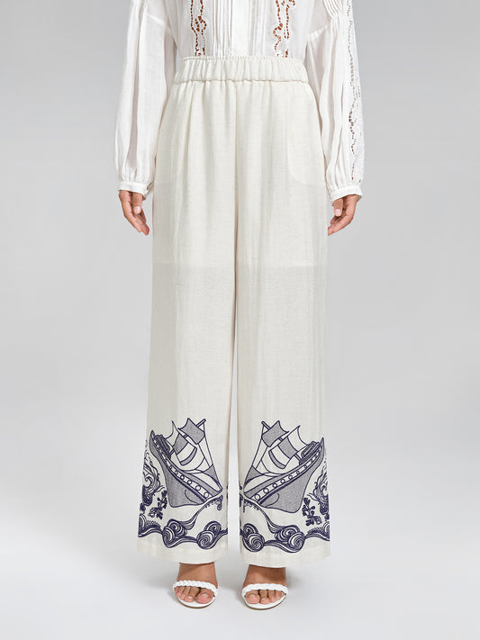 Linen Embroidered Straight Leg Wide Pants