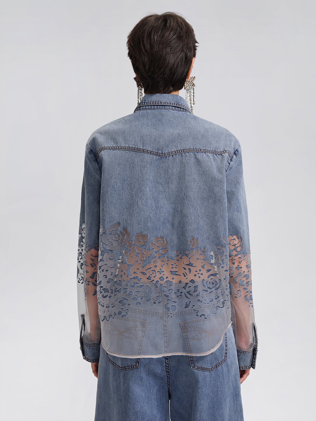 Denim Burnout Mesh Panel Rhinestone Loose Shirt