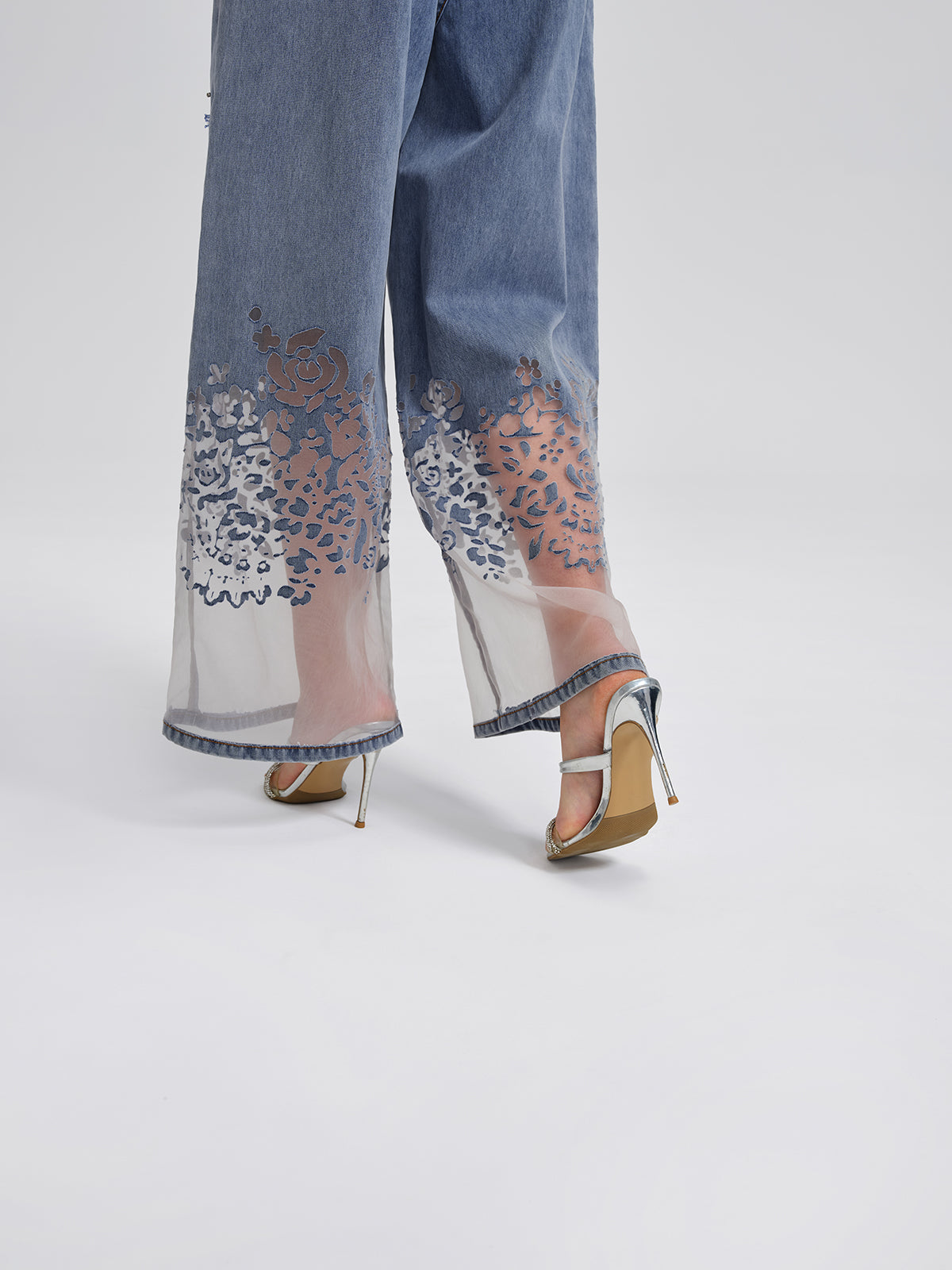 Denim Burnout Mesh Panel Rhinestone High-Waist Wide-Leg Pants