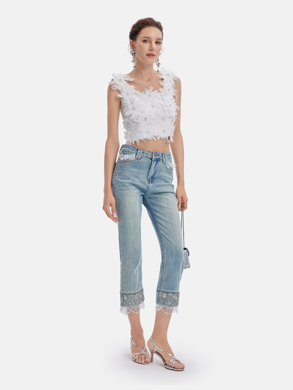 Beaded Lace Denim Pants