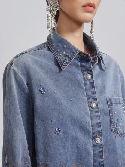 Denim Burnout Mesh Panel Rhinestone Loose Shirt