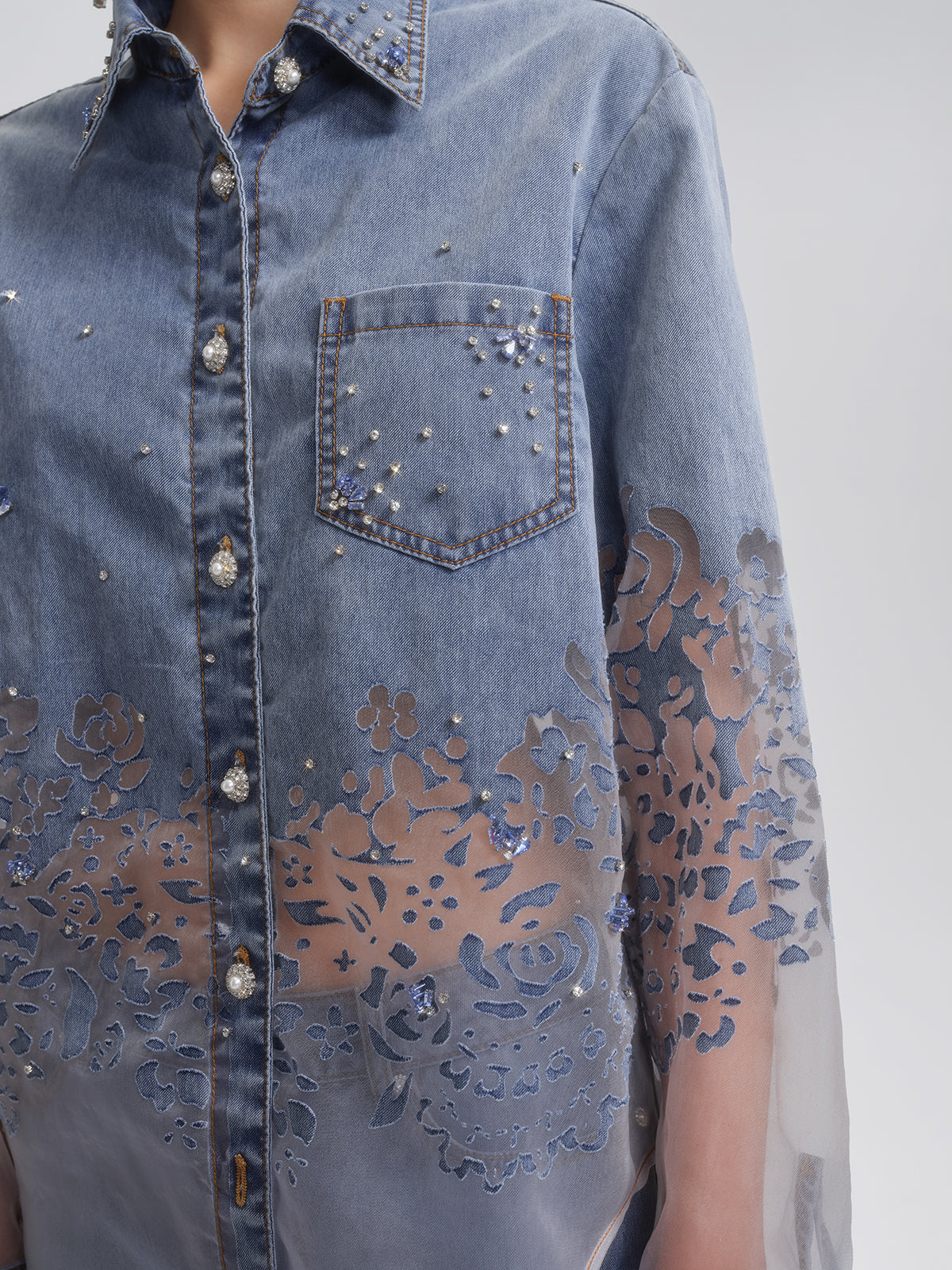 Denim Burnout Mesh Panel Rhinestone Loose Shirt