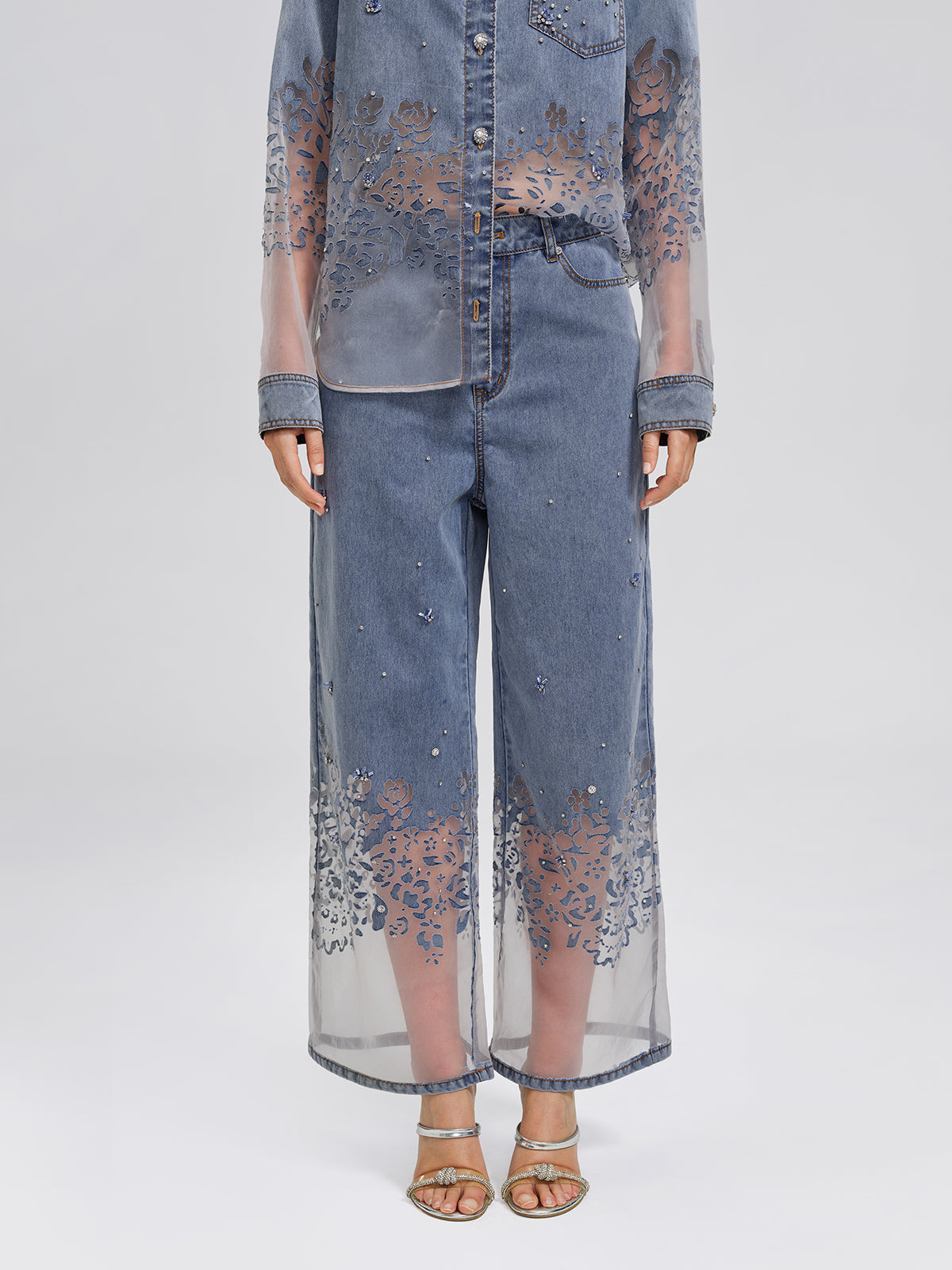 Denim Burnout Mesh Panel Rhinestone High-Waist Wide-Leg Pants