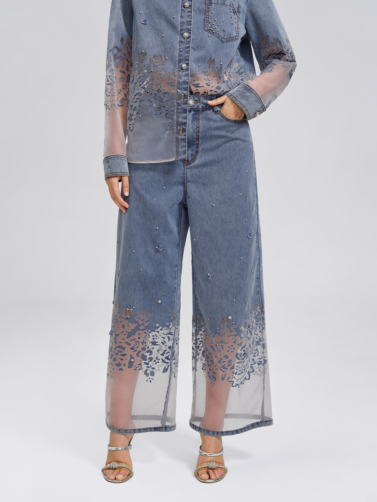 Denim Burnout Mesh Panel Rhinestone High-Waist Wide-Leg Pants