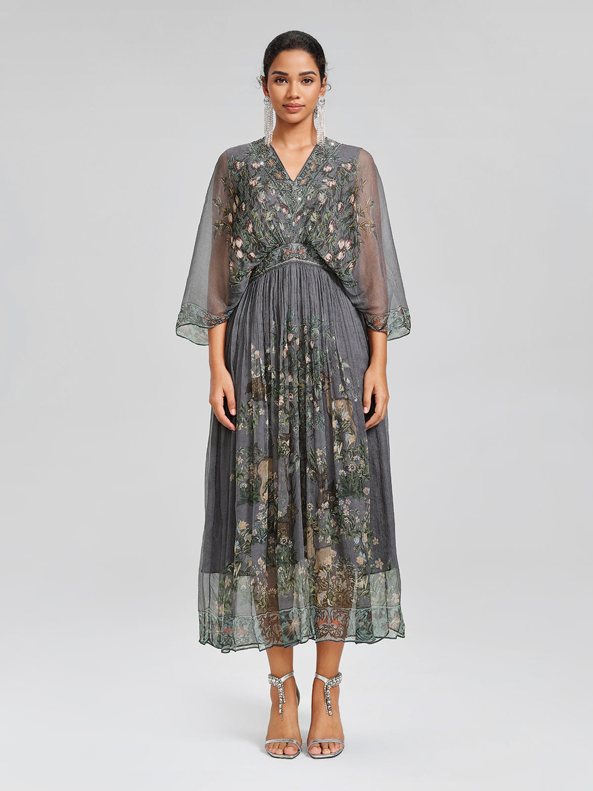 Silk Rhinestone Forest-Print Batwing-Sleeve Dress