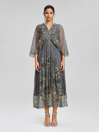 Silk Rhinestone Forest-Print Batwing-Sleeve Dress