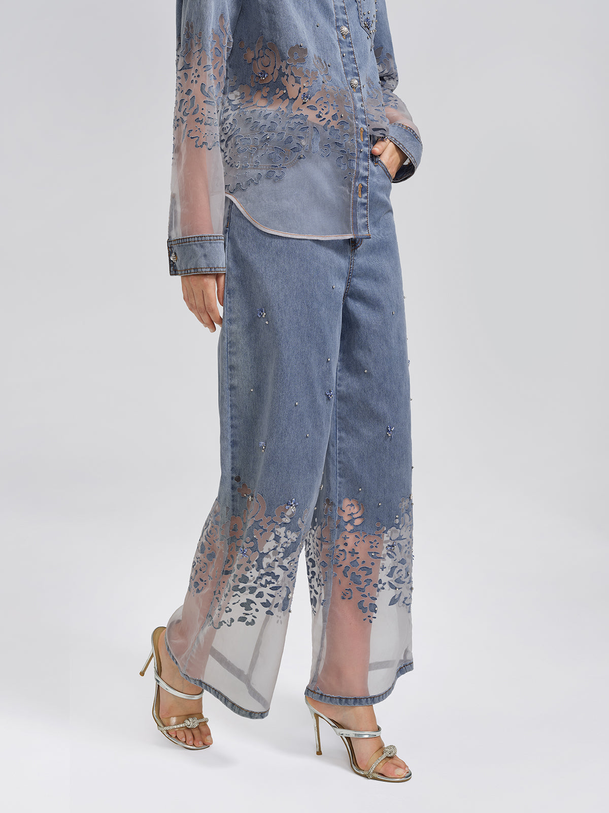 Denim Burnout Mesh Panel Rhinestone High-Waist Wide-Leg Pants