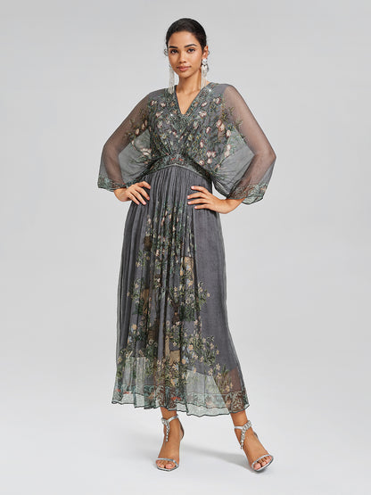 Silk Rhinestone Forest-Print Batwing-Sleeve Dress