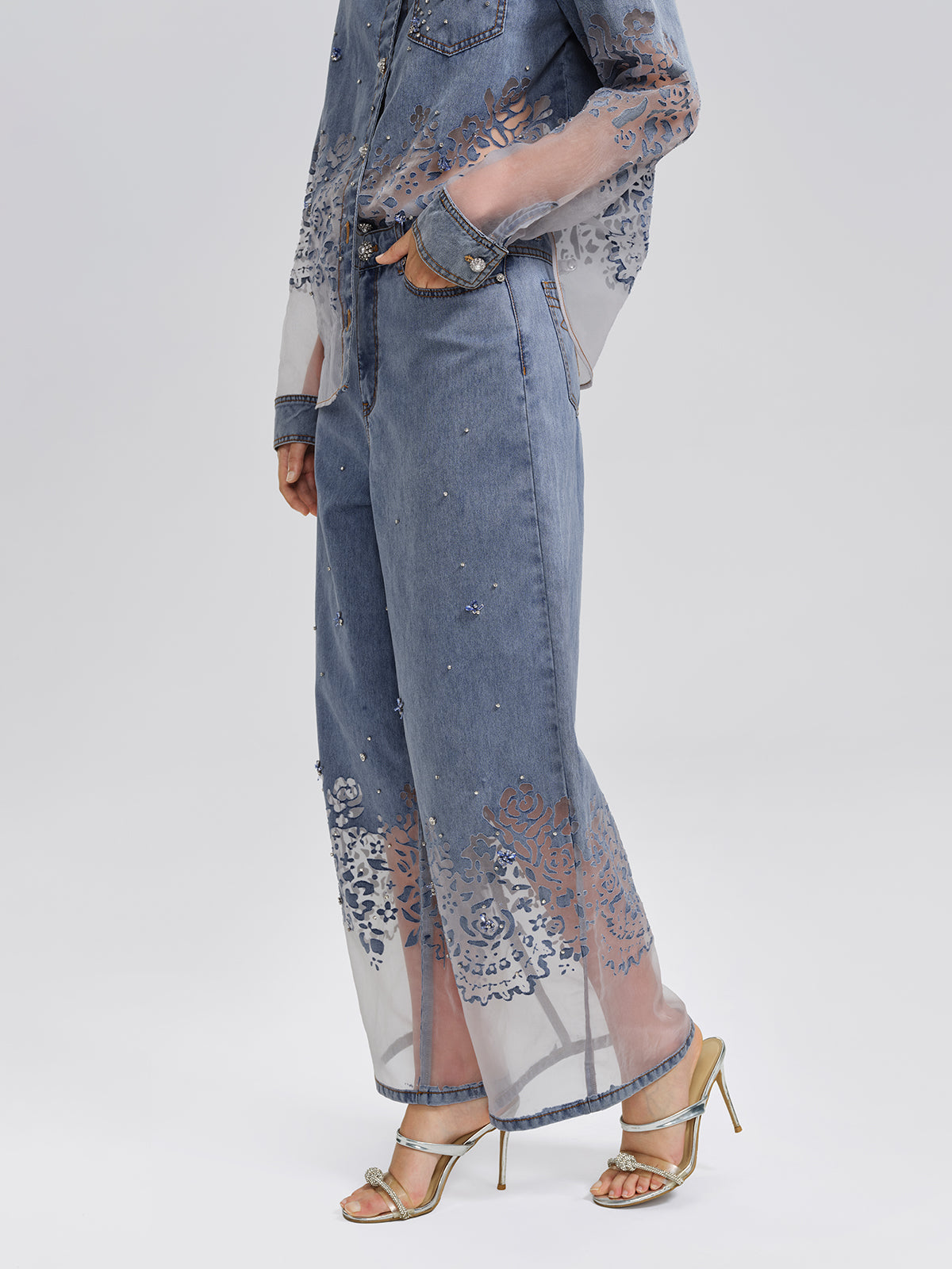 Denim Burnout Mesh Panel Rhinestone High-Waist Wide-Leg Pants