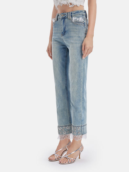 Beaded Lace Denim Pants