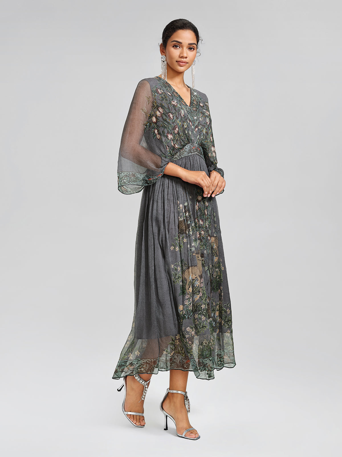 Silk Rhinestone Forest-Print Batwing-Sleeve Dress
