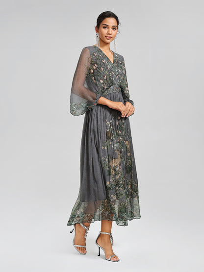 Silk Rhinestone Forest-Print Batwing-Sleeve Dress