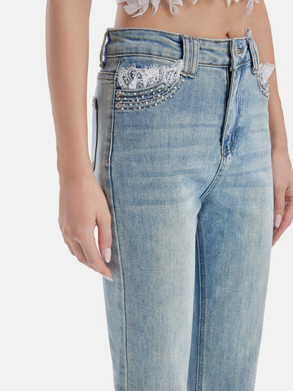 Beaded Lace Denim Pants