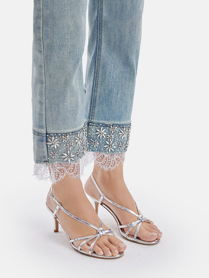 Beaded Lace Denim Pants