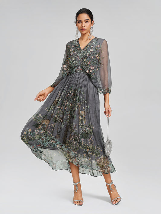Silk Rhinestone Forest-Print Batwing-Sleeve Dress