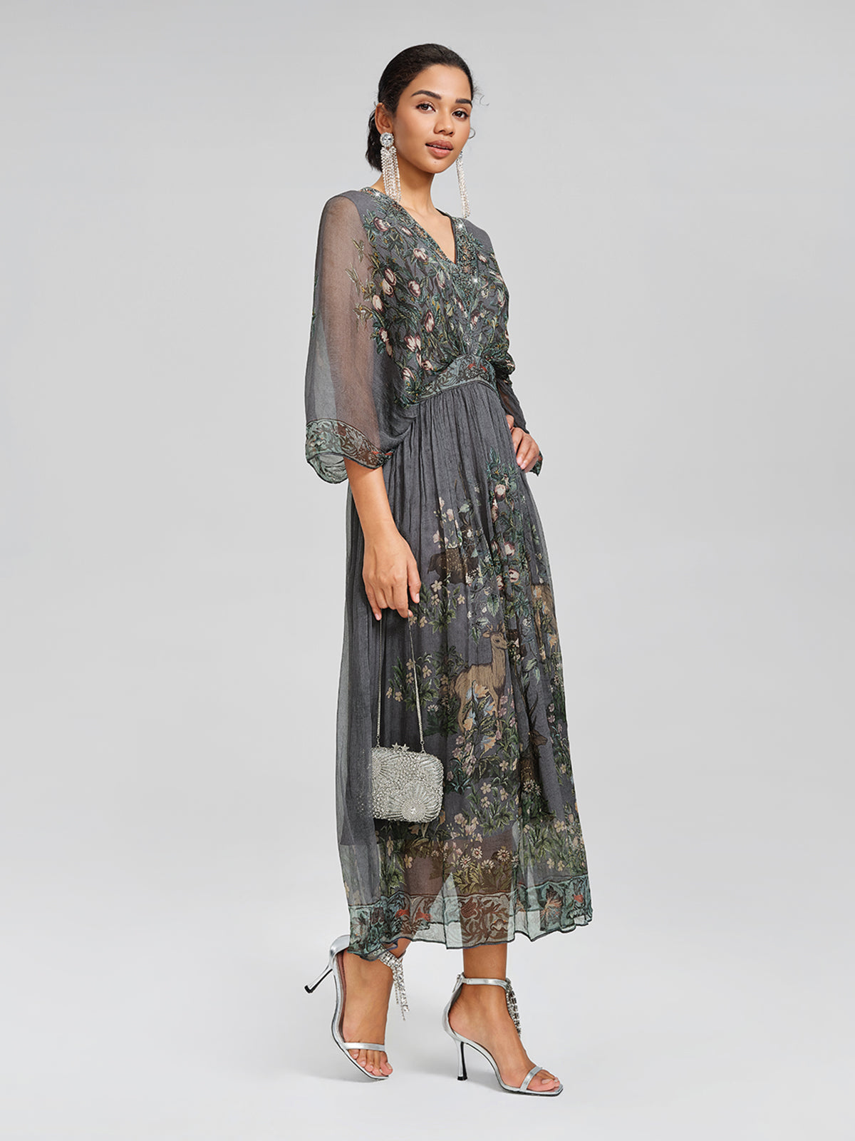 Silk Rhinestone Forest-Print Batwing-Sleeve Dress