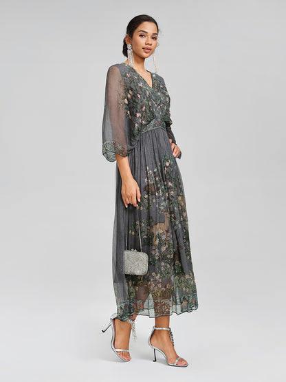 Silk Rhinestone Forest-Print Batwing-Sleeve Dress