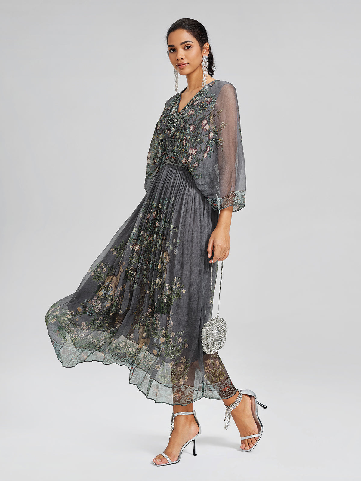 Silk Rhinestone Forest-Print Batwing-Sleeve Dress