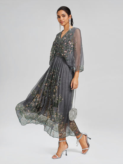 Silk Rhinestone Forest-Print Batwing-Sleeve Dress