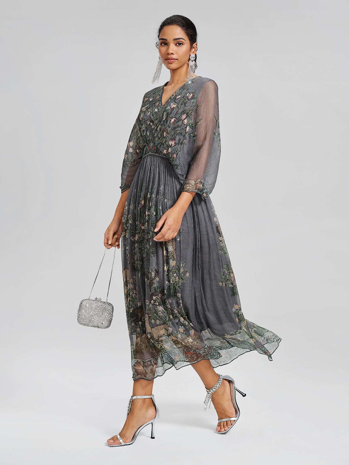 Silk Rhinestone Forest-Print Batwing-Sleeve Dress