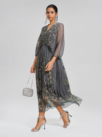 Silk Rhinestone Forest-Print Batwing-Sleeve Dress