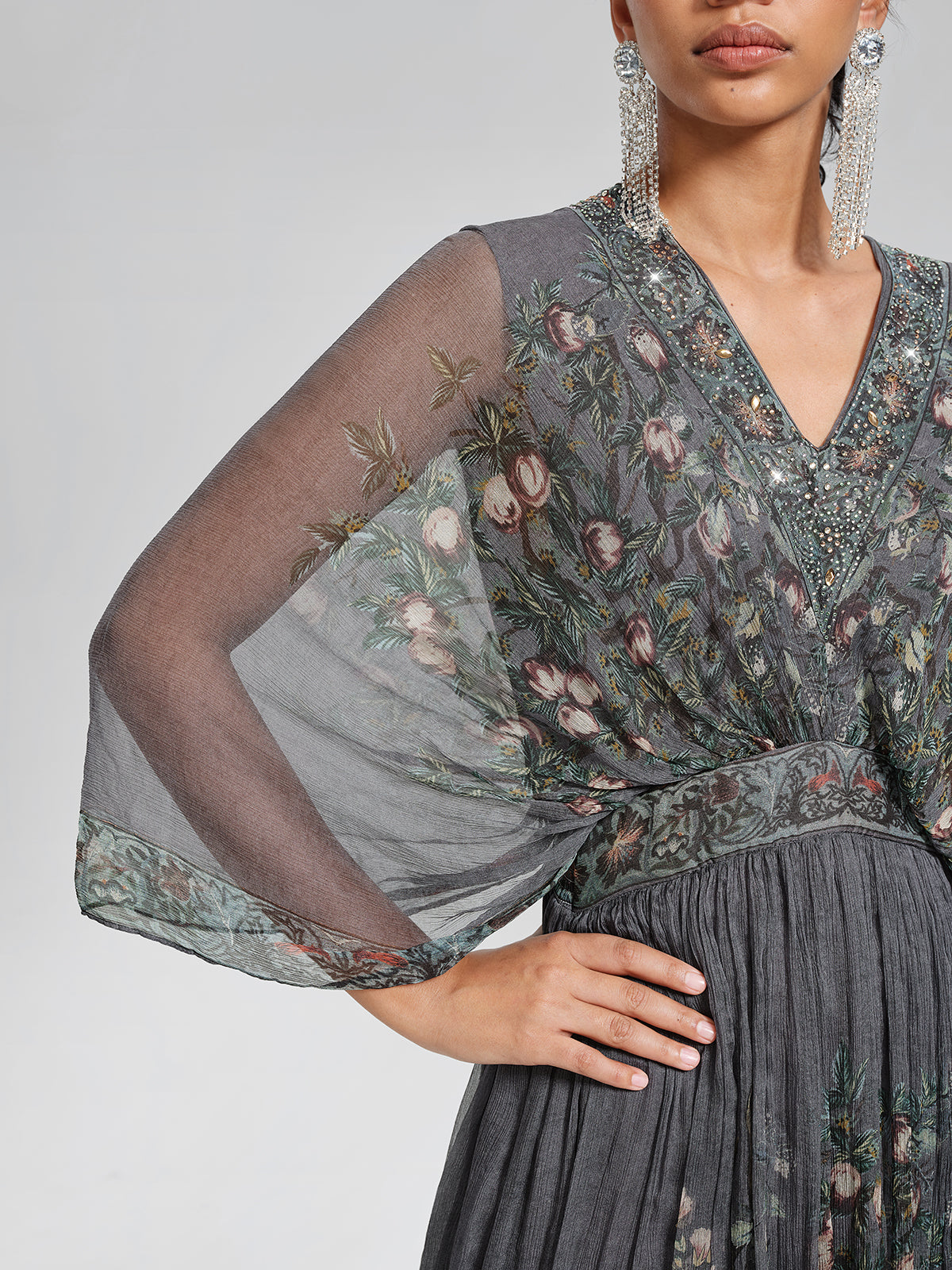 Silk Rhinestone Forest-Print Batwing-Sleeve Dress