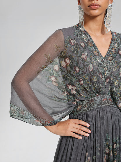 Silk Rhinestone Forest-Print Batwing-Sleeve Dress