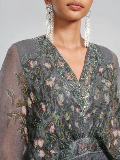 Silk Rhinestone Forest-Print Batwing-Sleeve Dress