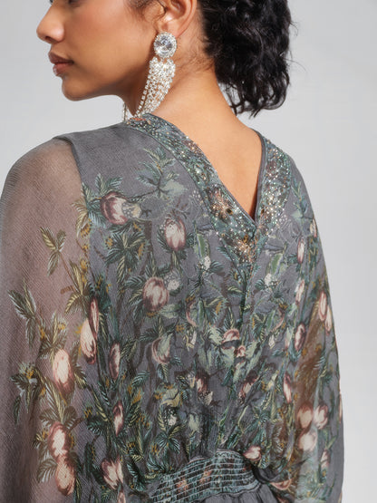 Silk Rhinestone Forest-Print Batwing-Sleeve Dress