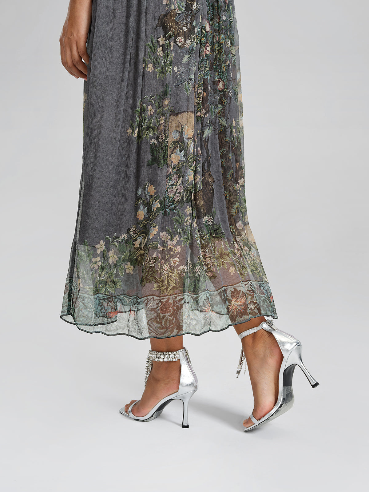 Silk Rhinestone Forest-Print Batwing-Sleeve Dress