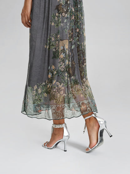 Silk Rhinestone Forest-Print Batwing-Sleeve Dress