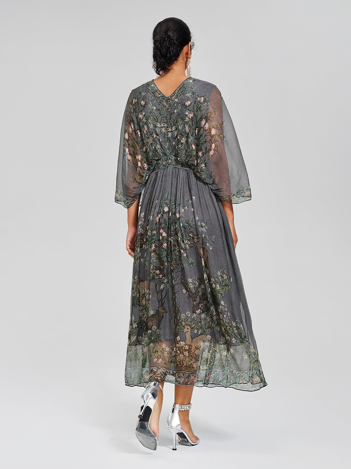 Silk Rhinestone Forest-Print Batwing-Sleeve Dress