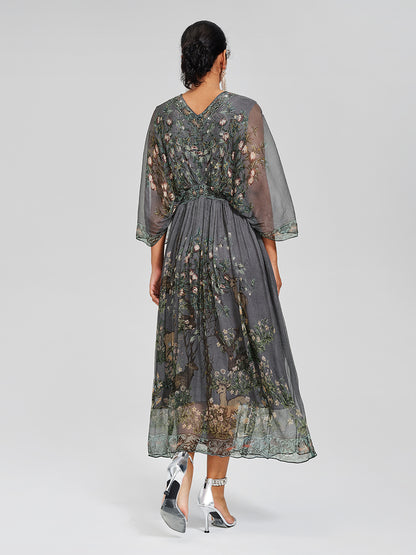 Silk Rhinestone Forest-Print Batwing-Sleeve Dress
