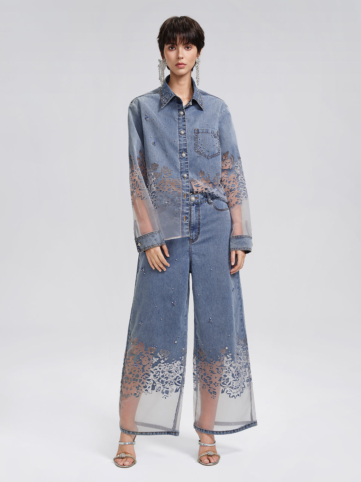 Denim Burnout Mesh Panel Rhinestone High-waist Wide-leg Pants
