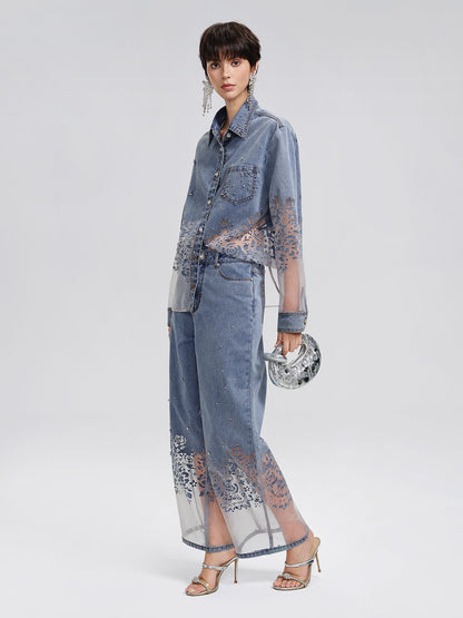 Denim Burnout Mesh Panel Rhinestone Loose Shirt