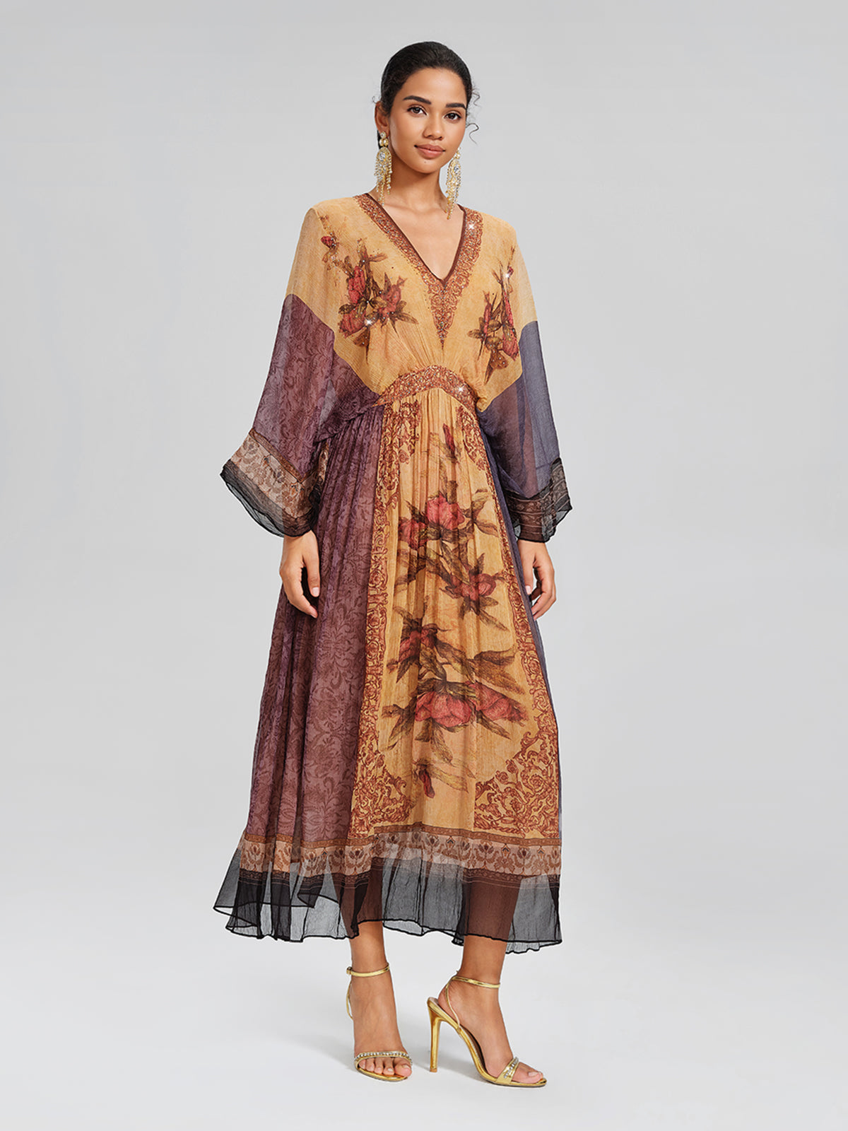 Silk Rhinestone Floral Batwing-Sleeve V-Neck Dress