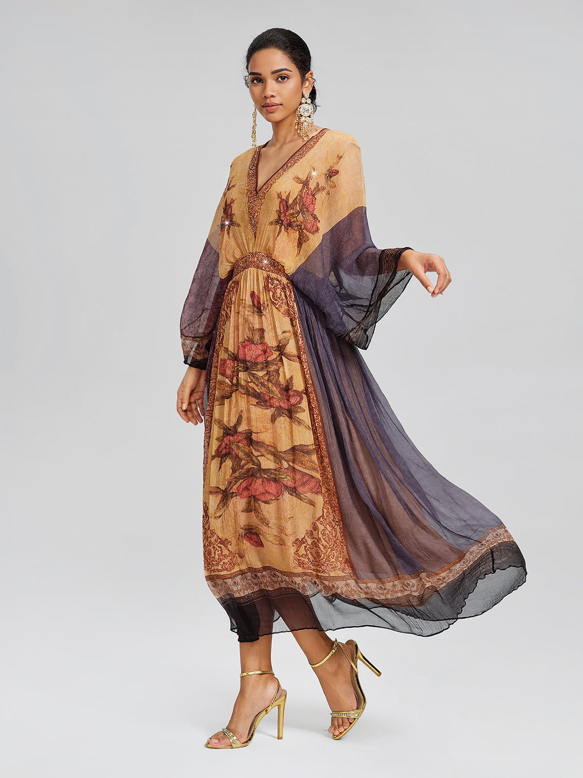 Silk Rhinestone Floral Batwing-Sleeve V-Neck Dress