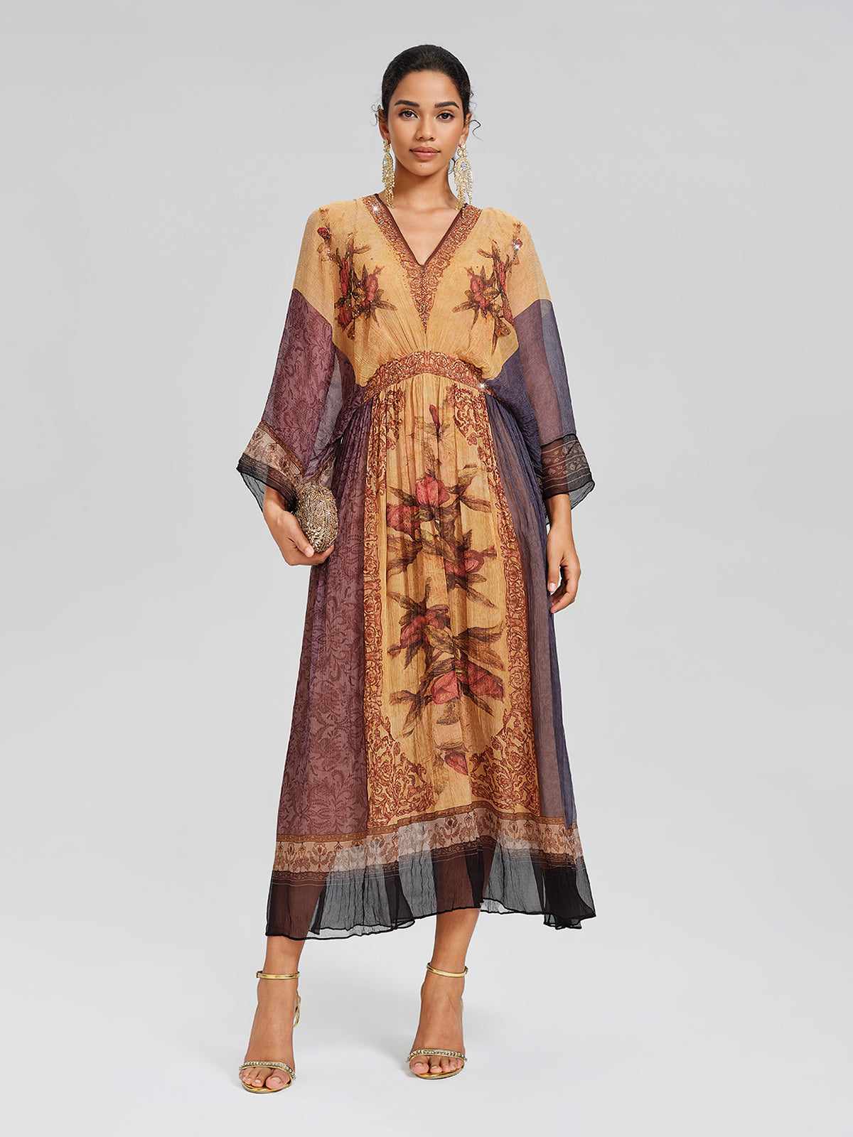 Silk Rhinestone Floral Batwing-Sleeve V-Neck Dress