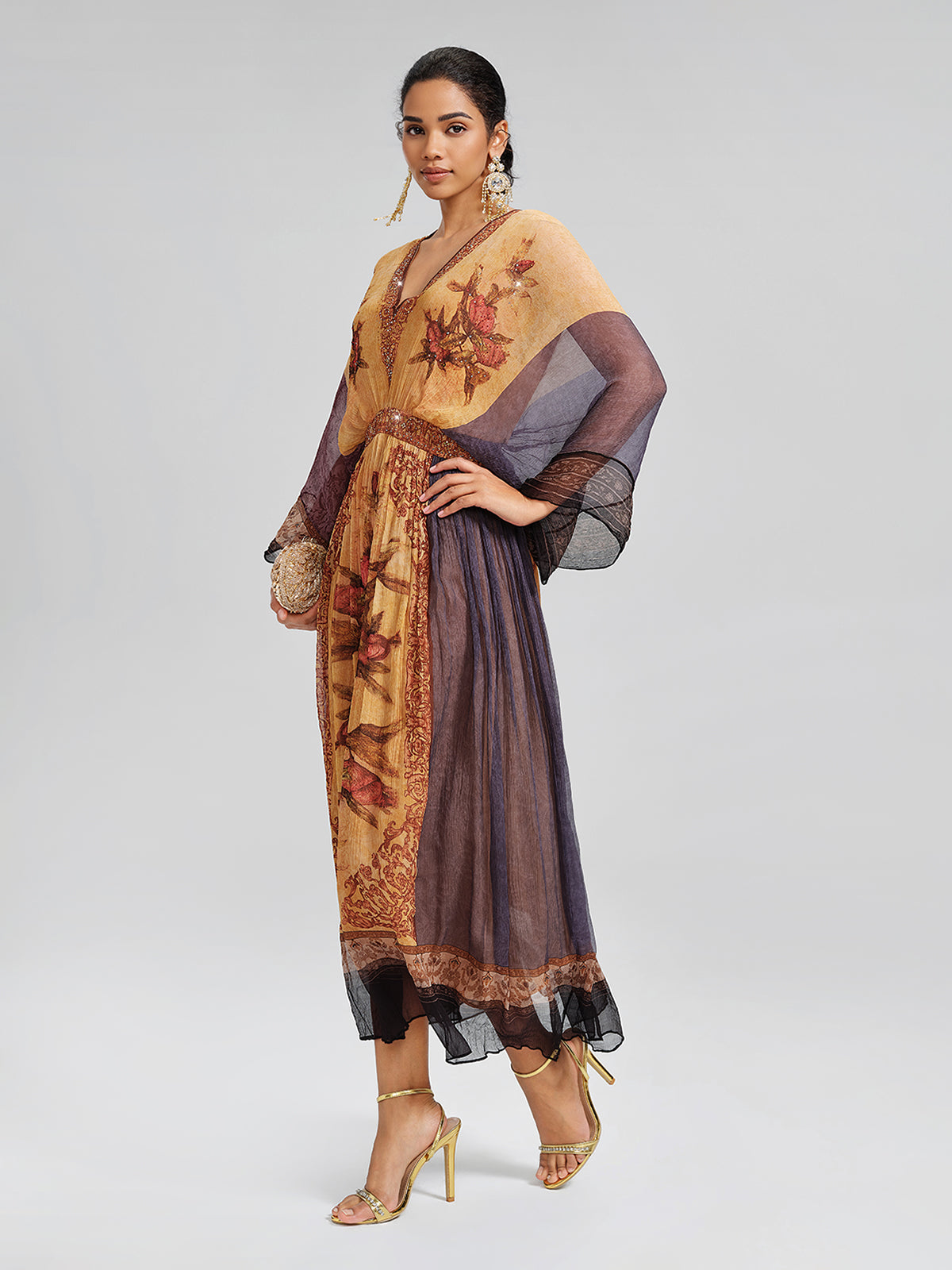 Silk Rhinestone Floral Batwing-Sleeve V-Neck Dress