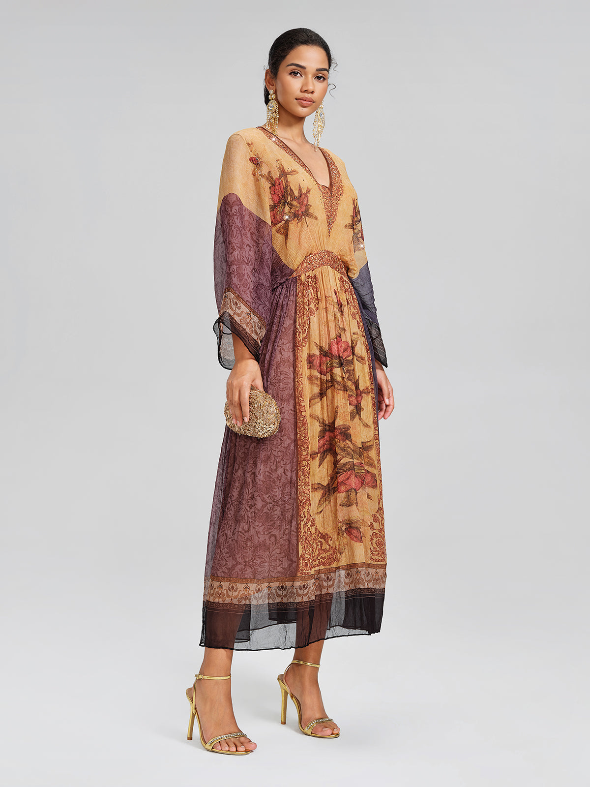 Silk Rhinestone Floral Batwing-Sleeve V-Neck Dress