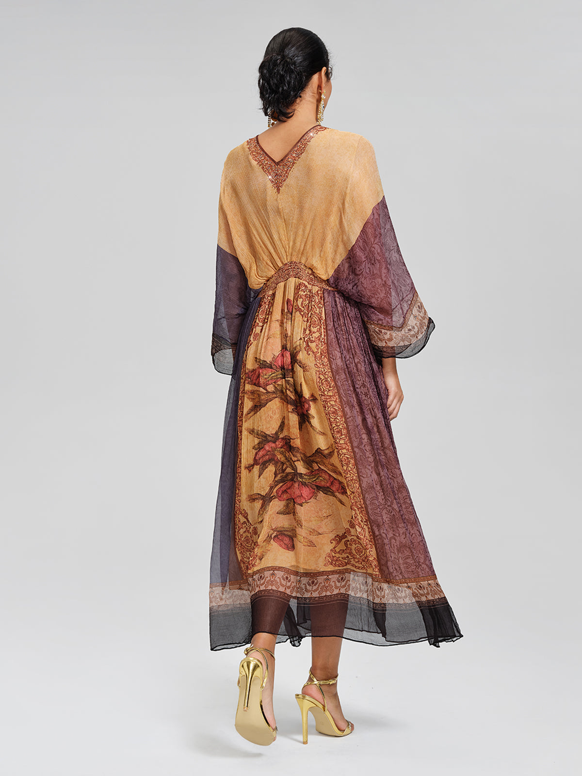 Silk Rhinestone Floral Batwing-Sleeve V-Neck Dress