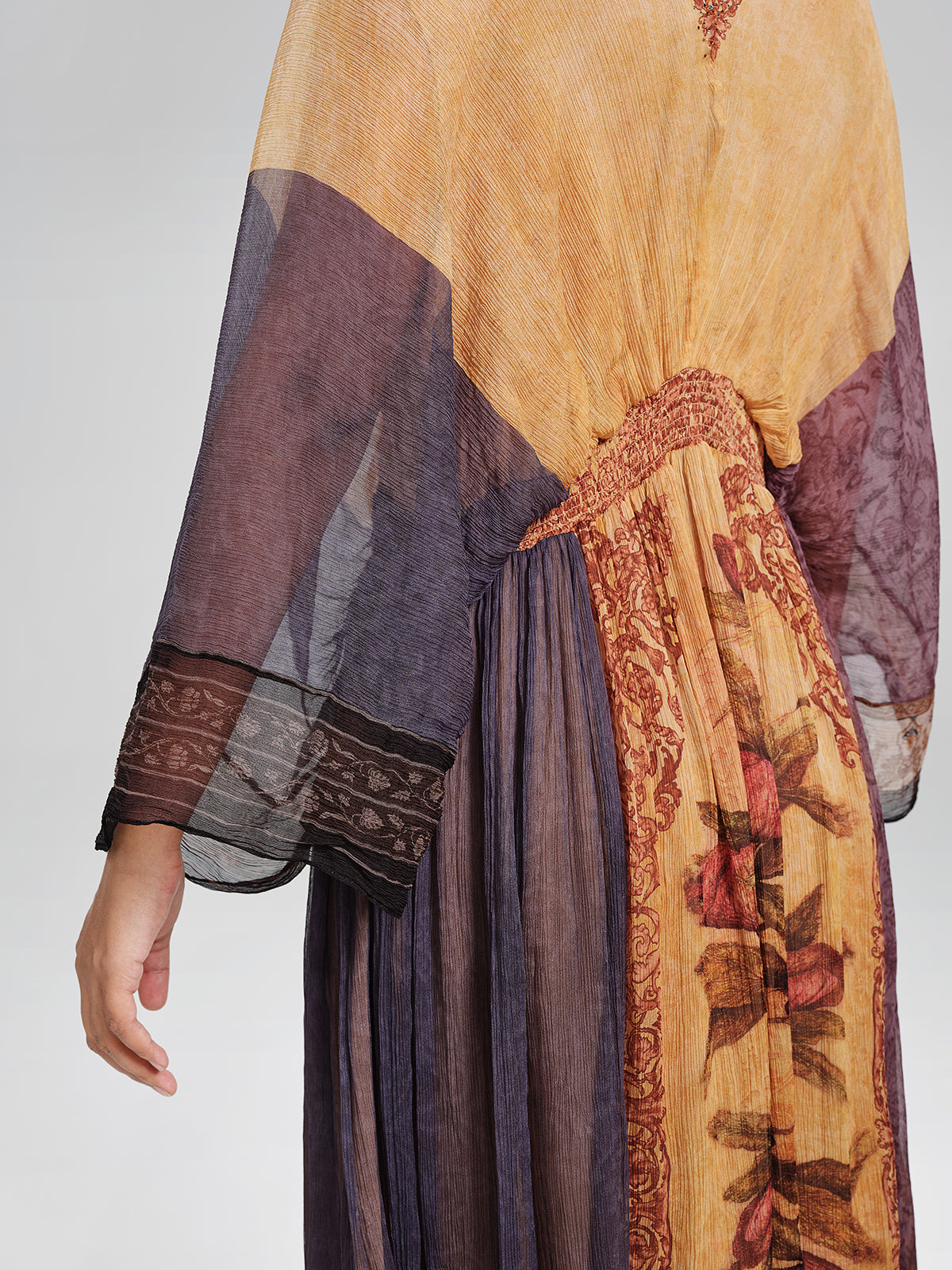 Silk Rhinestone Floral Batwing-Sleeve V-Neck Dress