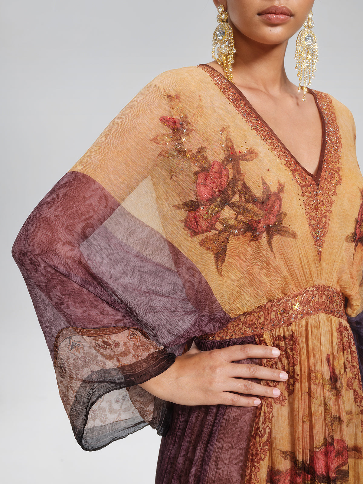 Silk Rhinestone Floral Batwing-Sleeve V-Neck Dress