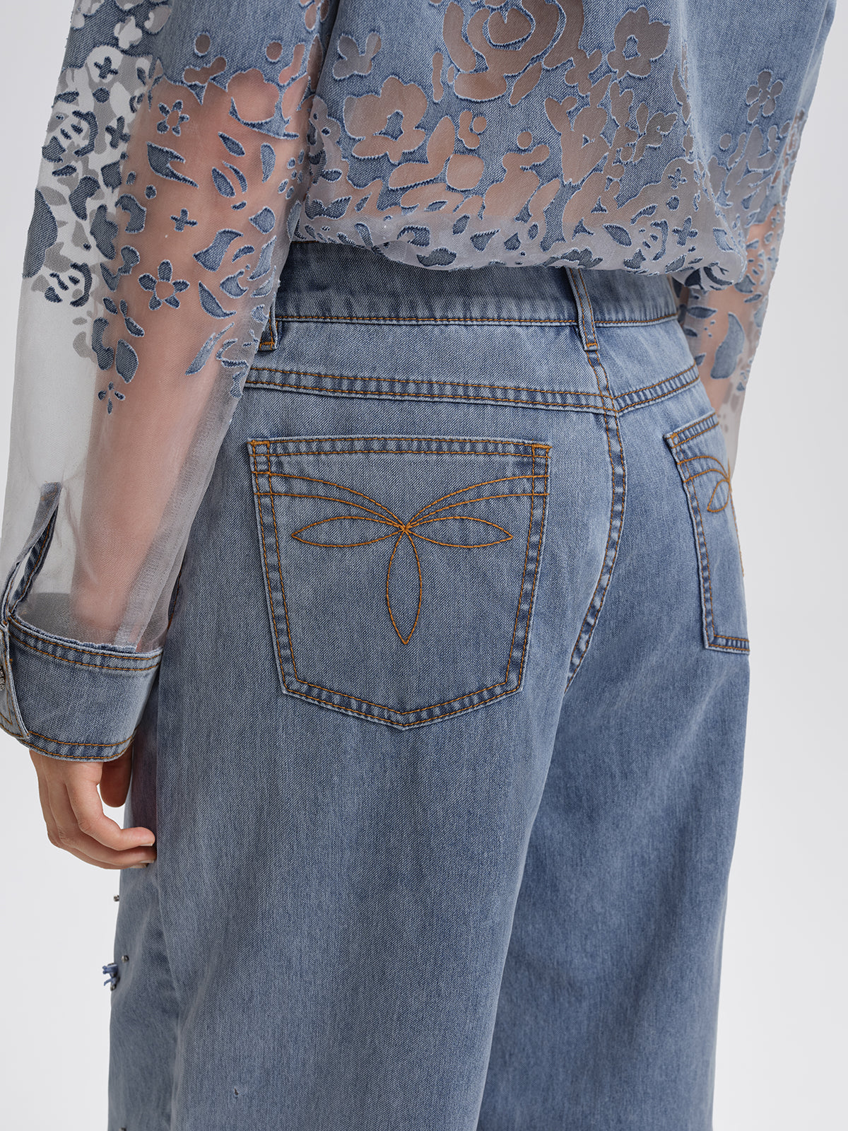 Denim Burnout Mesh Panel Rhinestone High-Waist Wide-Leg Pants