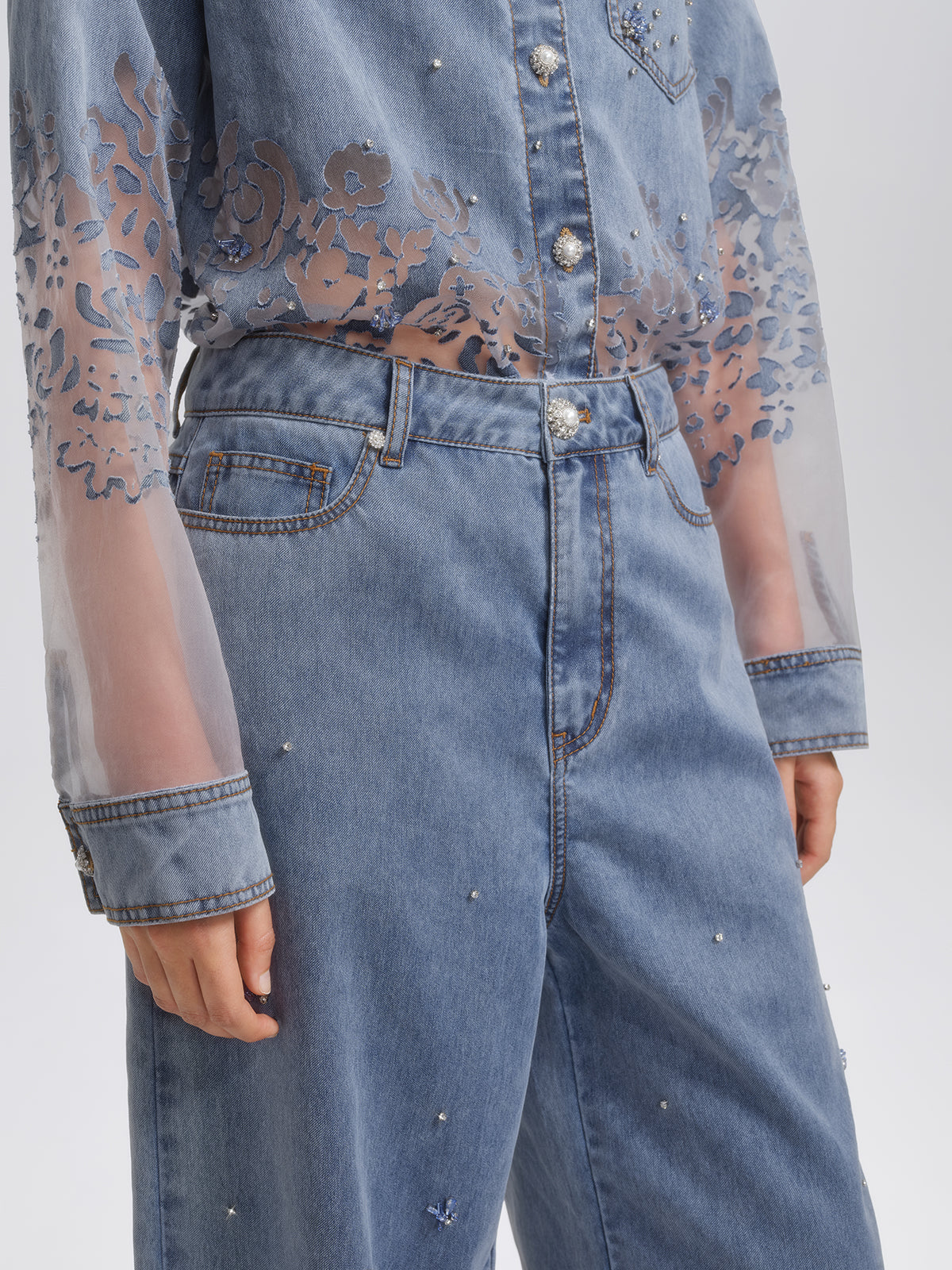 Denim Burnout Mesh Panel Rhinestone High-Waist Wide-Leg Pants