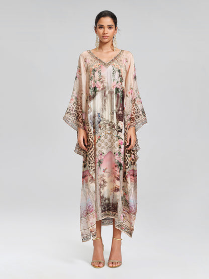 100% Silk Leopard-Floral Batwing-Sleeve Dress