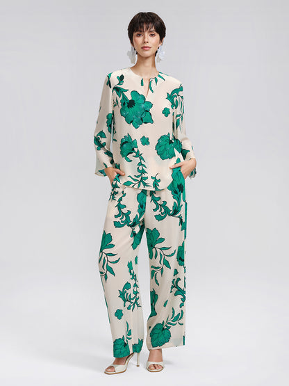 100% Silk Drawstring Waist Elastic Wide-Leg Pants